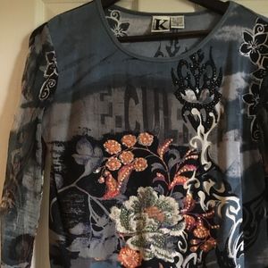 Shana K  Blouse Blue Gry Flowers grn org Med